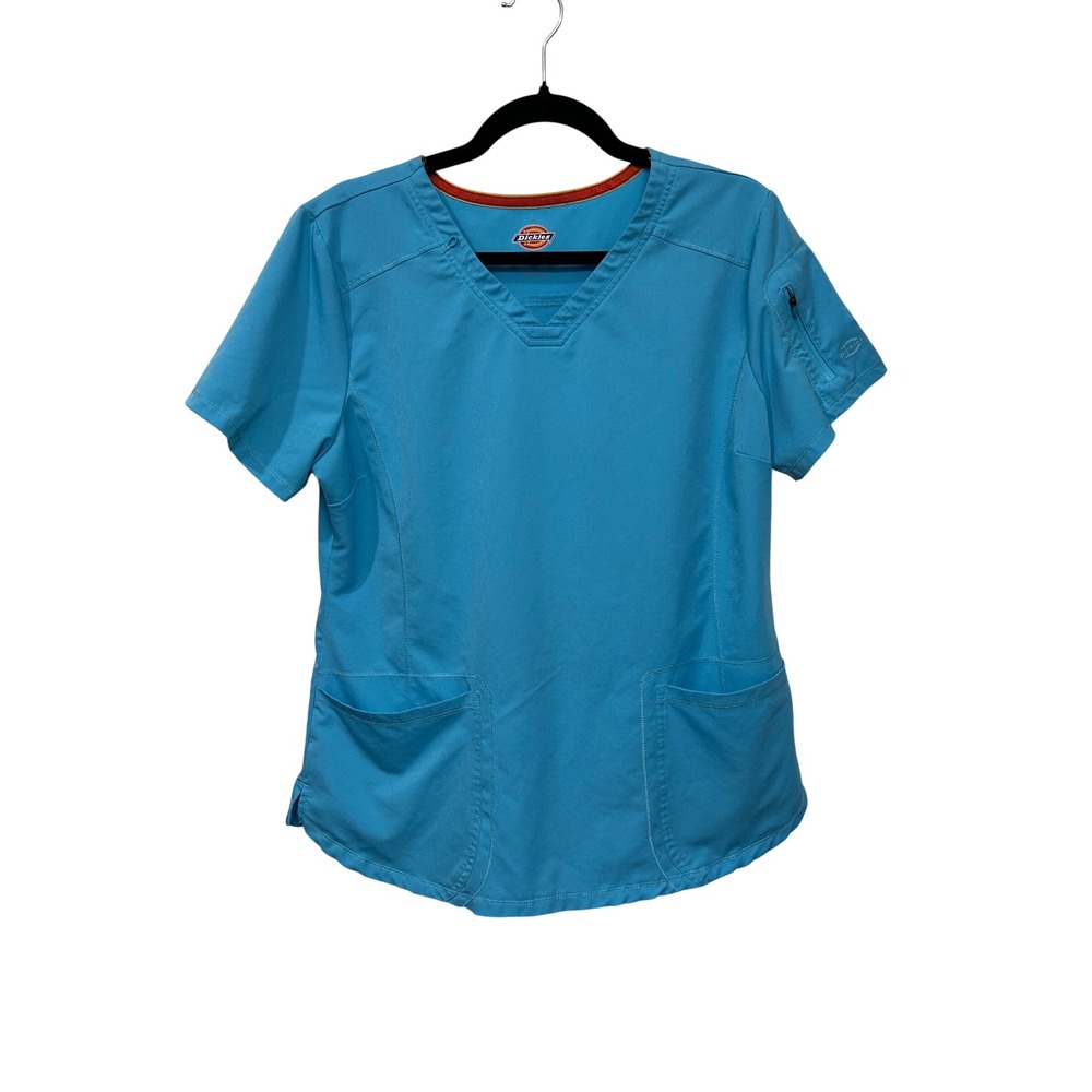 Dickies Womens V-Neck Scrub Top Blue Short Sleeve Medical Nurse Healthcare Large